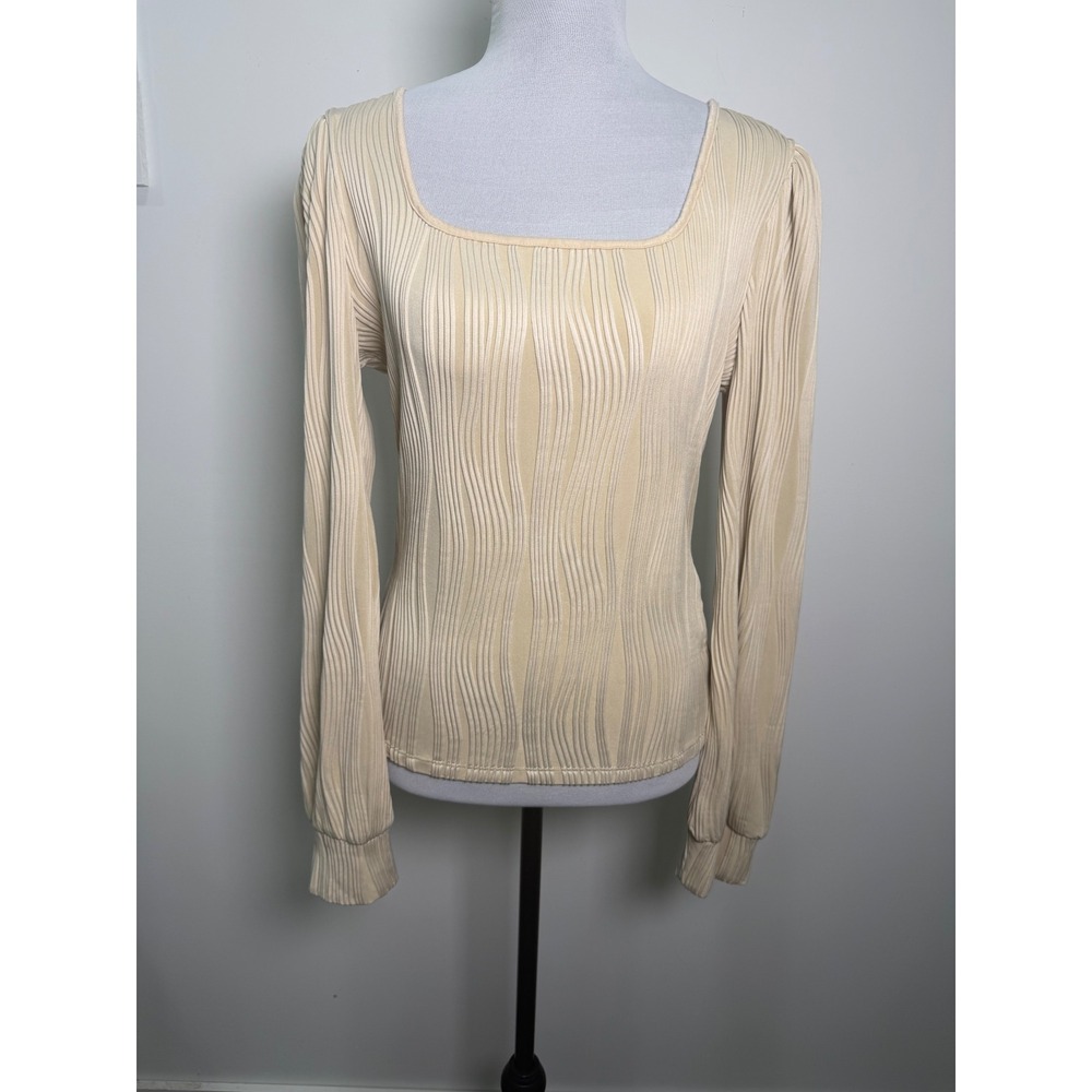 LILLUSORY Womens Beige Wavy Textured‎ Square Neck Long Sleeve Top Large EZls629